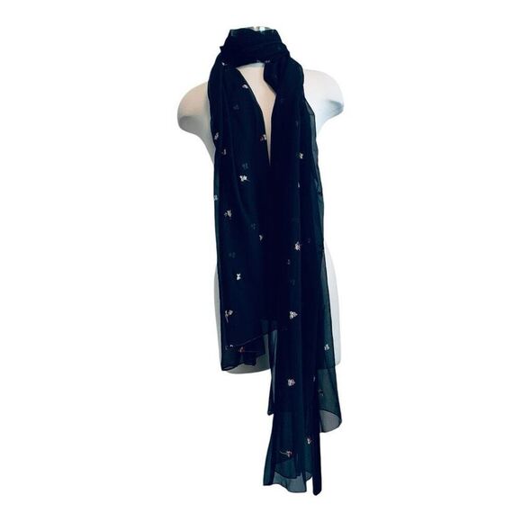 Vintage Black Mesh Embroidered Floral Sheer Flower Shawl Scarf Y2K - Picture 1 of 4